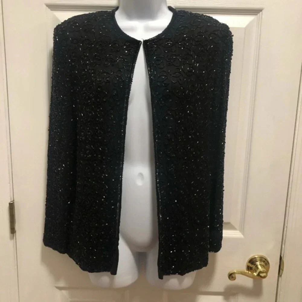 Laurence Kazar Vintage 1980s Silk Black Beaded Sequin Cardigan Jacket Small